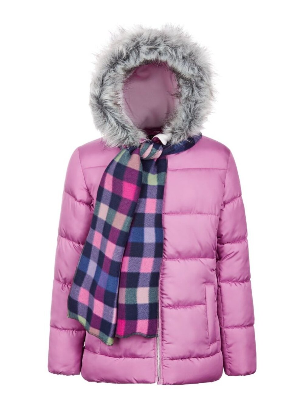 S Rothschild & Co Girls Solid Quilt Puffer Coat & Plaid Scarf Rose Size XL NWT